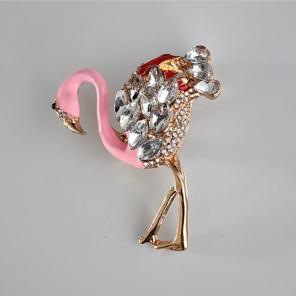 Pink Flamingo Brooch Enamel and Faux Jewel & Crystals Goldtone Metal - Picture 4 of 5
